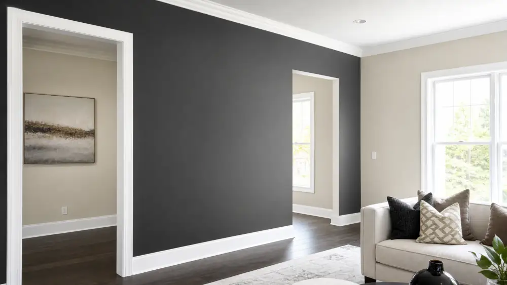 Charcoal accent wall and white trim painted by LVS Custom Paints